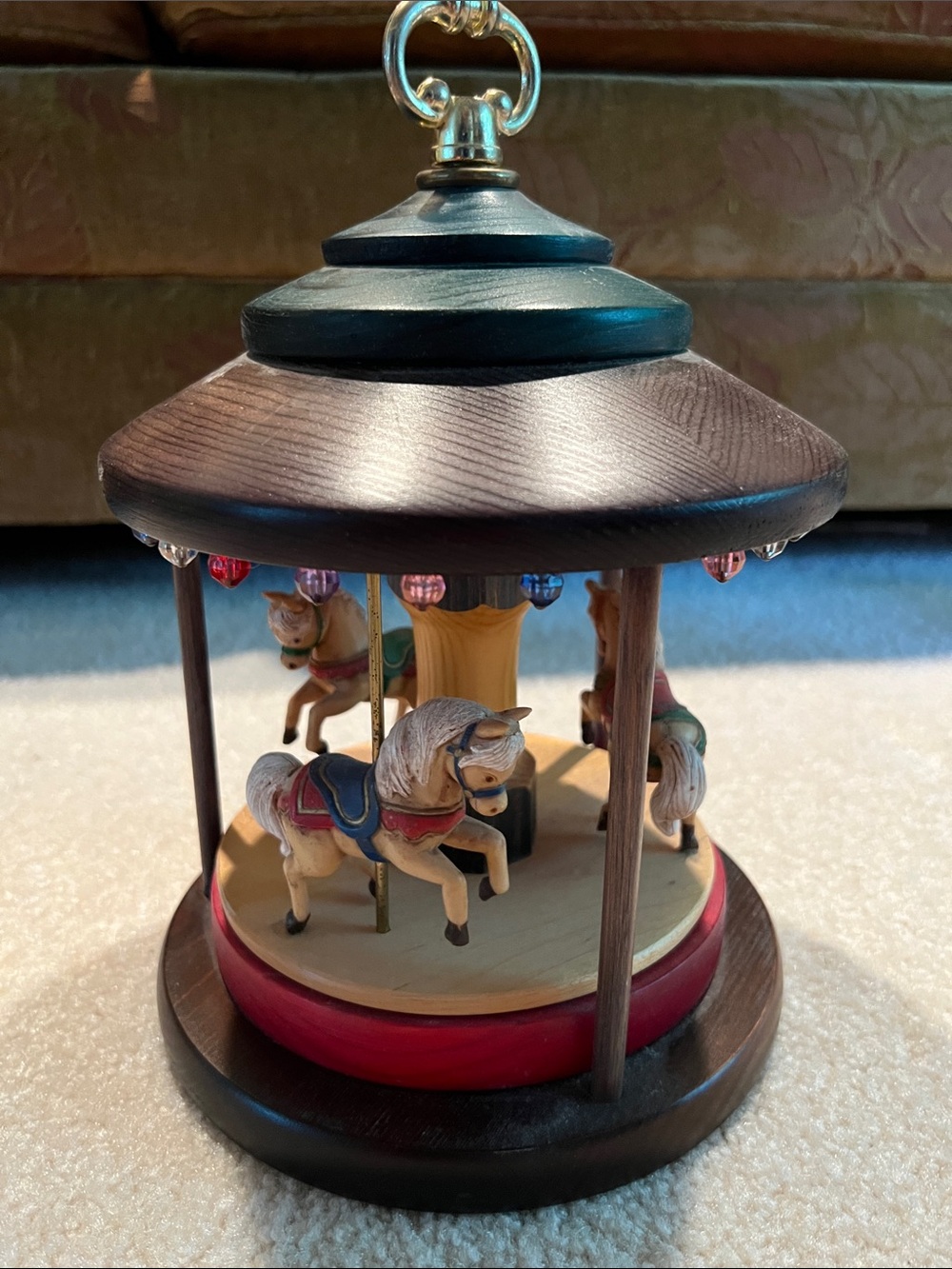 Handmade Wooden Carousel Music Box - Red and Brown Horse Design - Vintageq